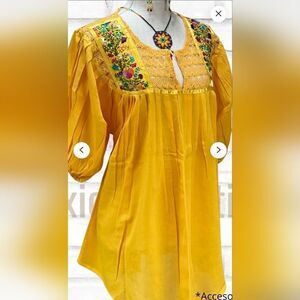 Espanola StyleMexican HandmadeEmbroidered Crochet Yellow OneSize Shortslv Blouse